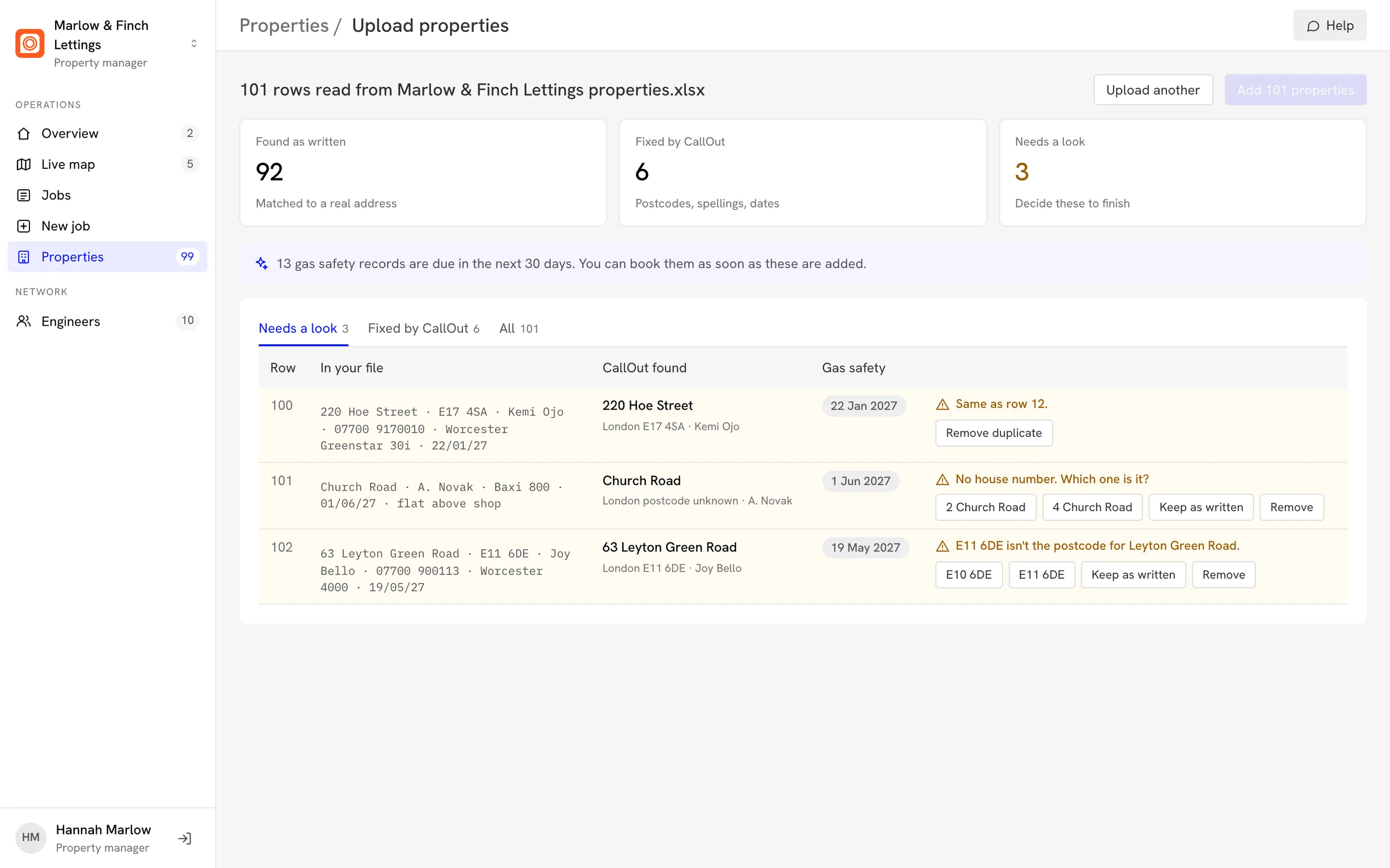 An uploaded list of properties: matched, fixed by CallOut, and the few that need a look