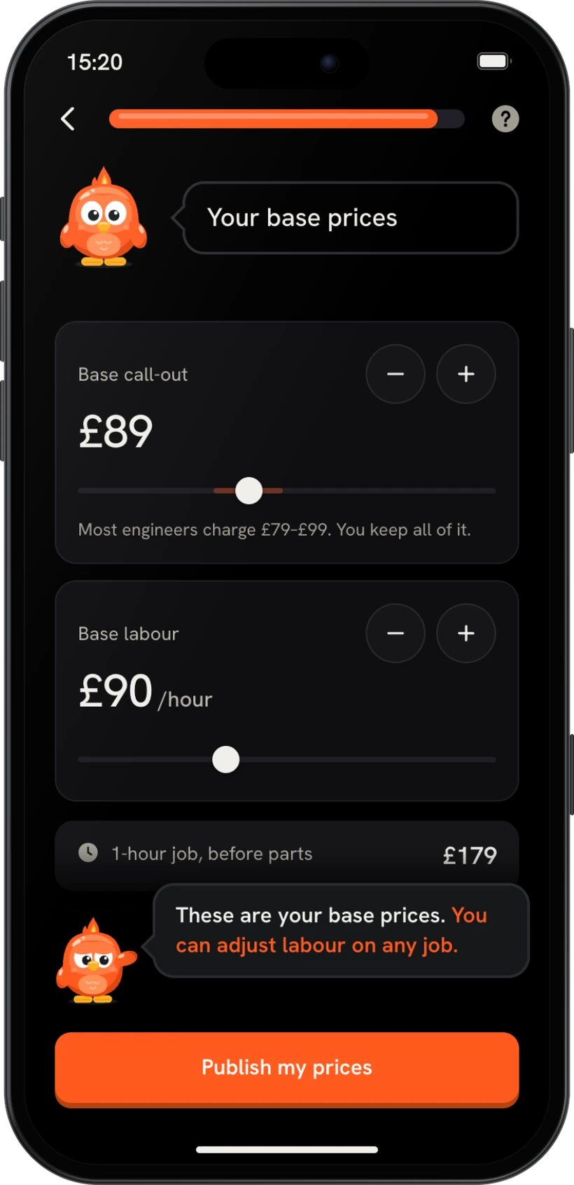 Setting your prices in the CallOut app.