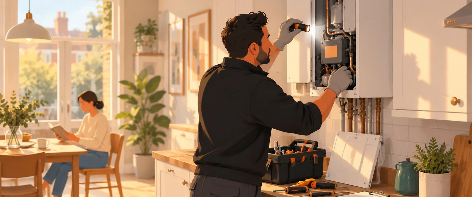 An engineer servicing a boiler in a sunny London kitchen while the homeowner reads at the table