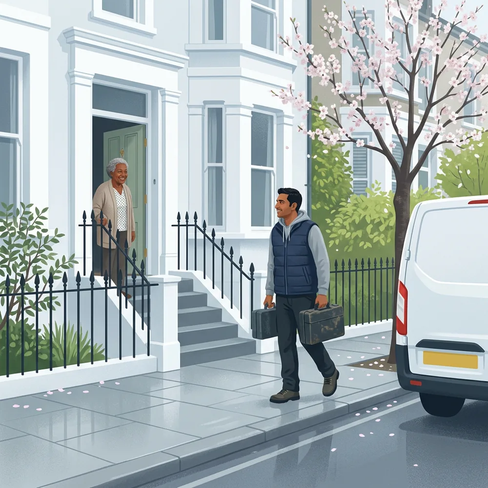 An engineer carrying his tool cases from a white van to a front door, where an older woman waits