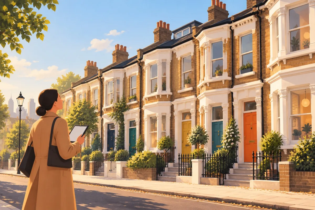 A property manager with a tablet looking up at a row of London terraced houses